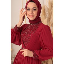 Yıldız Abiye Taş ve Plise Detaylı Şifon Tesettür Abiye (K17925)