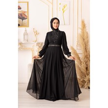 Yıldız Abiye Taş ve Plise Detaylı Şifon Tesettür Abiye (K17925)