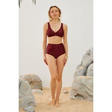 Bordo Toparlayıcı Yüksek Bel Bikini Altı Astarlı Uv Korumalı