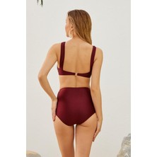 Bordo Toparlayıcı Yüksek Bel Bikini Altı Astarlı Uv Korumalı