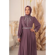 Yıldız Abiye Kristal Taş ve Zincir Detaylı Şifon Tesettür Abiye (K17927)