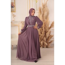 Yıldız Abiye Kristal Taş ve Zincir Detaylı Şifon Tesettür Abiye (K17927)
