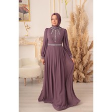 Yıldız Abiye Kristal Taş ve Zincir Detaylı Şifon Tesettür Abiye (K17927)