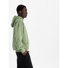 Uniu Erkek Yeşil %100 Organik Pamuk Kanguru Cepli Fermuarlı Kapüşonlu Oversize Sweatshirt