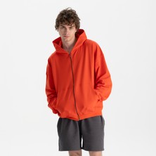 Uniu Erkek Kırmızı %100 Organik Pamuk Kanguru Cepli Fermuarlı Kapüşonlu Oversize Sweatshirt