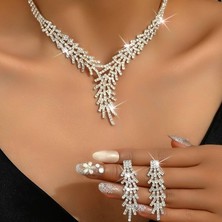 Estilo Lingerie Stylish Su Yolu Gümüş Kolye Küpe Seti Gelin Takı Seti Nişan Seti Parti Davet Seti