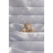 Clariss Pirinç Ayarlamalı Gold Renk Zirkon Taşlı Bombeli Kalp Yüzük