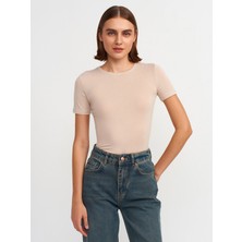 Dilvin 30747 Bisiklet Yaka Basic T-Shirt-Bej