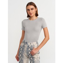 Dilvin 30747 Bisiklet Yaka Basic T-Shirt-Açık Gri