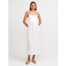 Dilvin 91233 Büzgü Detaylı Midi Elbise-Ekru