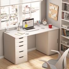 Dekorex Clm112-Beyaz Dolaplı Ve 5 Çekmeceli Çalışma Masası