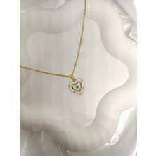 Rosa Juliet Jewelry Kadın Gold Çelik Kararma Yapmayan  Ortası Mavi Taşlı Beyaz Kalp Kolye