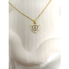 Rosa Juliet Jewelry Kadın Gold Çelik Kararma Yapmayan  Ortası Mavi Taşlı Beyaz Kalp Kolye