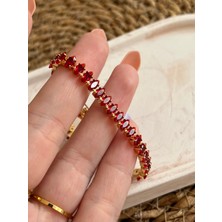 NV Jewellery Çelik Zirkon Su Yolu Bileklik Kırmızı Bordo 17 cm + 2 cm Uzatma Zinciri