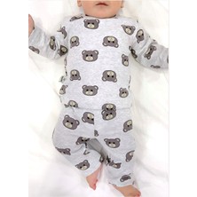Drop Kids Bebek Pijama Uzun Gri Ayıcık Desen Yenidoğan Çocuk Pijama