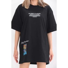 Slh Tasarım Unisex Bisiklet Yaka Baskılı Oversize T-Shirt - Siyah