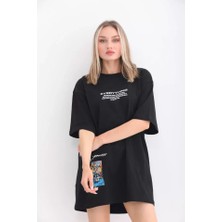 Slh Tasarım Unisex Bisiklet Yaka Baskılı Oversize T-Shirt - Siyah