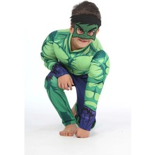 Hulk Party Kostümü Kaslı Çocuk Maskeli Yeşil Dev Parti Özel Gün Kıyafeti Polyester Yeşil