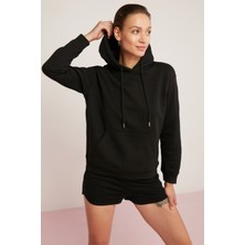 Ethiquet Abelia Kadın Içi Polarlı Yumuşacık Kalın Kumaşlı Kapüşonlu Comfort Fit Siyah Sweatshirt