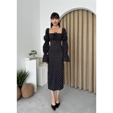 Ince Puantiyeli Poplin Uzun Elbise