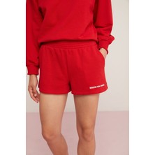 Ethiquet Dora Kadın İki Iplik Şardonlu Yumuşacık Beli Gipe Lastikli Kısa Kırmızı Şort