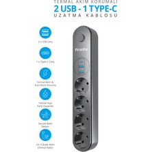 Piranha 45630 Akım Korumalı 2 USB - 1 Type-C Girişli 4'lü Uzatma Kablosu