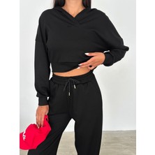 Ded Collection Kadın Modal Kumaş Kapüşonlu Crop Ikili Eşofman Takımı