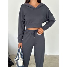 Ded Collection Kadın Modal Kumaş Kapüşonlu Crop Ikili Eşofman Takımı