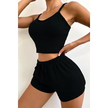 Bscitir Store Viskon Siyah Askılı Crop Şortlu Takım