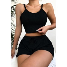 Bscitir Store Viskon Siyah Askılı Crop Şortlu Takım