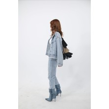 Ceylin Ceylan Üç Renk Püsküllü Crop Oversize Kot Ceket