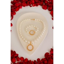 Minimalist Tasarım Yarım Altın Uyumlu Set, Incili Yarım Altın Kolye, Yarım Altın Çerçevesi, Yarım Altın Uyumlu Bileklik, Yarım Altın Takılan Bileklik ve Kolyei Inci Set