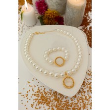 Minimalist Tasarım Yarım Altın Uyumlu Set, Incili Yarım Altın Kolye, Yarım Altın Çerçevesi, Yarım Altın Uyumlu Bileklik, Yarım Altın Takılan Bileklik ve Kolyei Inci Set