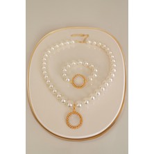 Minimalist Tasarım Yarım Altın Uyumlu Set, Incili Yarım Altın Kolye, Yarım Altın Çerçevesi, Yarım Altın Uyumlu Bileklik, Yarım Altın Takılan Bileklik ve Kolyei Inci Set