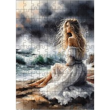 Karizma Tablo Ahşap Mdf Puzzle Yapboz Beyaz Elbiseli Kadın ve Sahil 120 Parça 25*35 cm