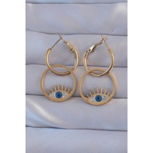 Tua Moda 316L Çelik Gold Renk Zirkon Taşlı Mavi Göz Tasarımlı Halka Küpe