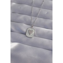 Tua Moda 316L Çelik Zincir Mermer Desenli Gümüş Renk Zirkon Taşlı Kalp Model Kolye