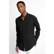 Tudors Erkek Slim Fit Dar Kesim Uzun Kollu %100 Pamuk Keten Doku Hakim Yaka Siyah Gömlek