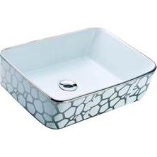 Fleko Banyo Lavabosu Tezgah Üstü Çanak Banyo Lavabosu Doğal Taş Gümüş Desenli 48X37X14 Ölçülerinde