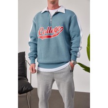 Nomarc College Yakası Fermuarlı Mavi Sweatshirt