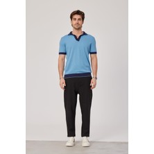 Nomarc Yakası Çizgili Triko Kumaş Lacivert Mavi Tshirt