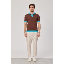 Nomarc Yakası Çizgili Triko Kumaş Mavi Kahverengi Tshirt