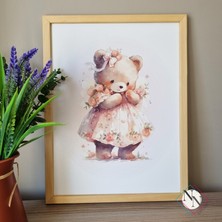 Nn Decor Ayı ve Fil, Çiçek Temalı 2'li Set - Doğal Ahşap Çerçeveli, Bebek ve Çocuk Odası Tablo Seti