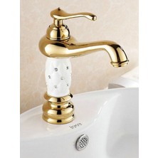 Fleko Lavabo Bataryası Antik Gold Beyaz Kabartma Desenli 20 cm Yükseklik Banyo Lavabo Bataryası