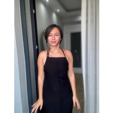 Ferqane Xalilova Siyah Sırt Dekoliteli Astarlı Askılı Midi Elbise