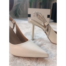 Ruxene Atra Taş Işleme Detaylı, Sivri Burun, Topuk Dekolteli Sedefli  9,5 cm Stiletto Gelin Ayakkabısı
