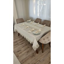 Zesa Home Lüx Gardenya Keten 8 Kişilik 18 Parça Çınar Desenli Ağır Dantelli Leke Tutmaz Masa Örtüsü