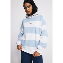 Babokah Kontrast Kapüşonlu Oversize Fit  Çizgili Sweatshirt