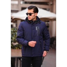 Mero Life Outdoor Kapüşonlu Su ve Rüzgar Geçirmez Kapitone Içi Kürklü Elyaf Dolgulu Lacivert Softshell Mont