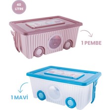 Flora Trendy Tekerlekli Oyuncak Kutusu 40 Litre Pembe Mavi Ikili Set